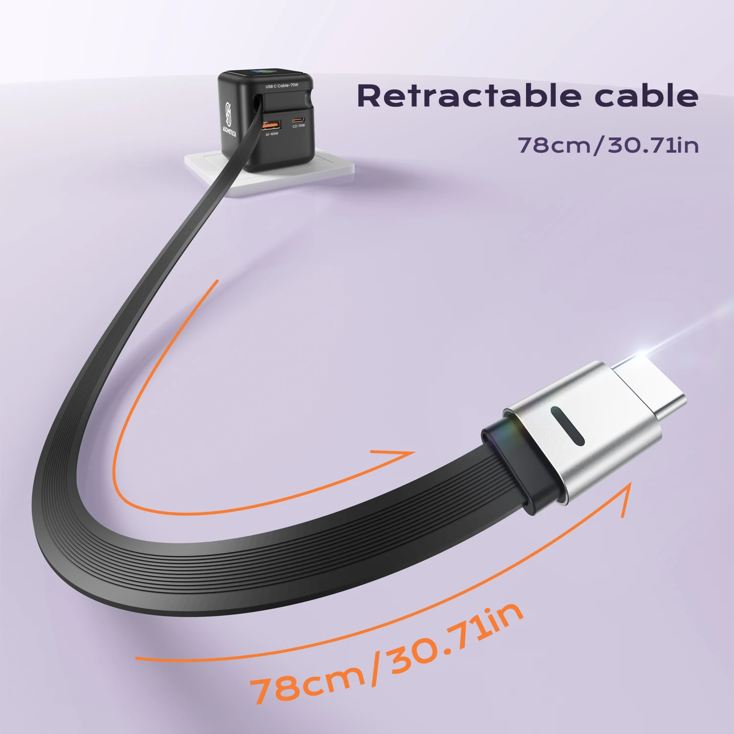 Cargador rápido GaN de 70W con Cable retráctil tipo C 3 en 1 PD3.0 QC4.0 PPS carga rápida para IPhone 16 15 14 Xiaomi Tablet Laptop