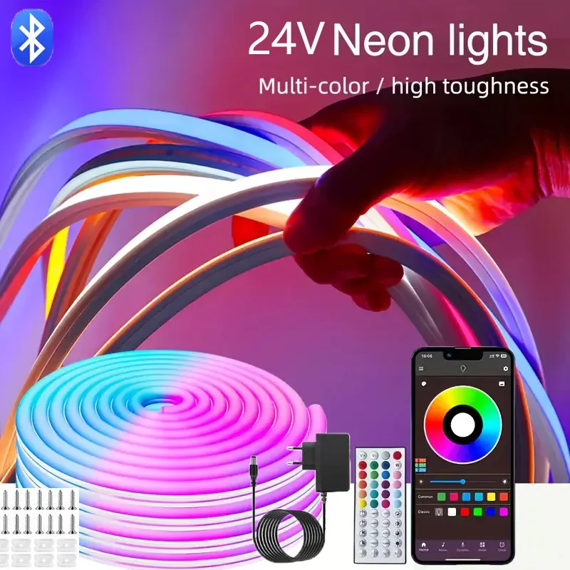 Luces LED de neón RGB DC24V, cambio de Color, sincronización de música, Control por aplicación, 10M, 20M, 30M, lámpara Flexible impermeable para decoración del hogar