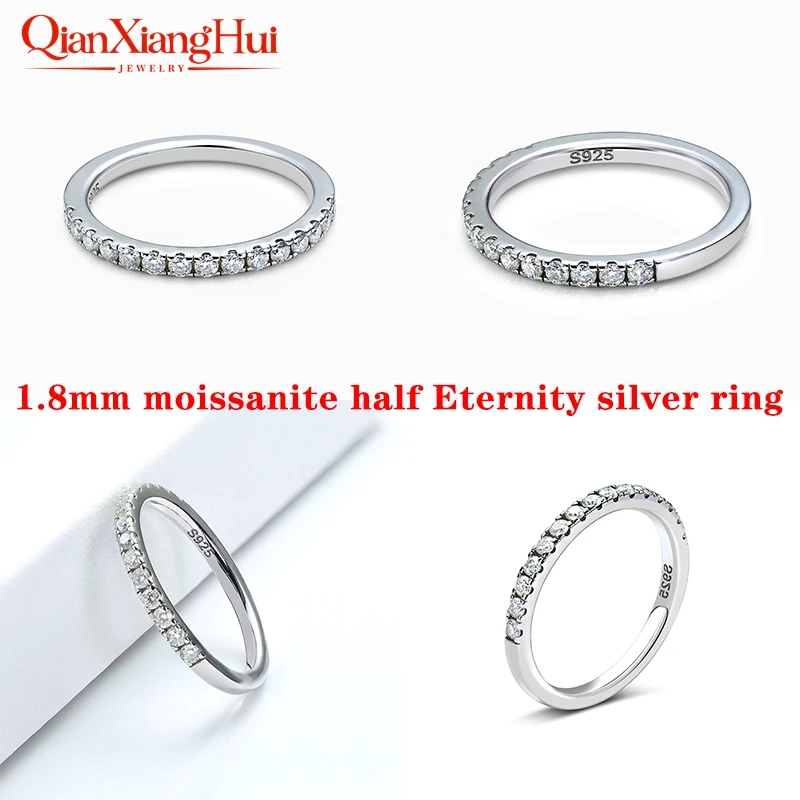 Anillo de Plata 925 con Moissanita Redonda Blanca D VVS de 1.8mm, Media Eternidad y Media Primera Calidad, Joyería para Regalo, Fiesta, Citas, Mujer