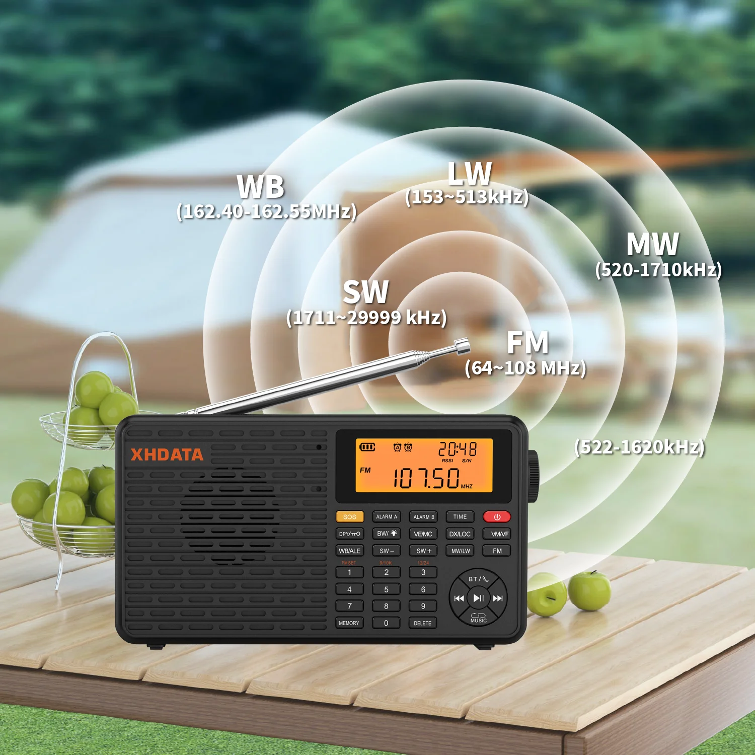 XHDATA D109WB Radio Portátil AM FM Estéreo SW MW LW con Reloj Despertador Digital, Batería Recargable, USB-C y Pronóstico del Tiempo