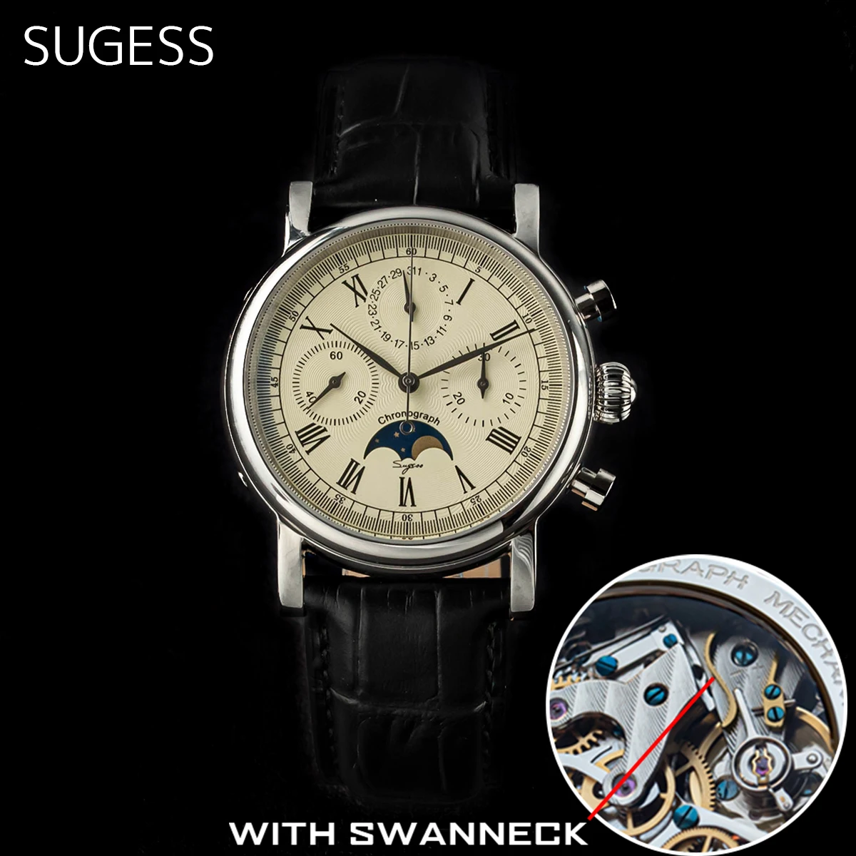 Reloj Sugess ST1908 para hombre, reloj de pulsera con cronógrafo mecánico con movimiento de cuello de cisne, calendario de fase lunar auténtica, cuero Vintage, nuevo 2023