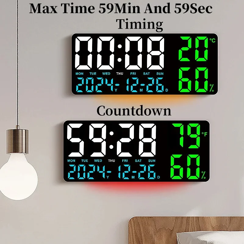 Reloj de pared Digital grande con luz ambiental de 7 colores, 2 alarmas, temperatura, humedad, fecha, reloj de mesa, temporizador de 12/24H, cuenta atrás, despertador LED