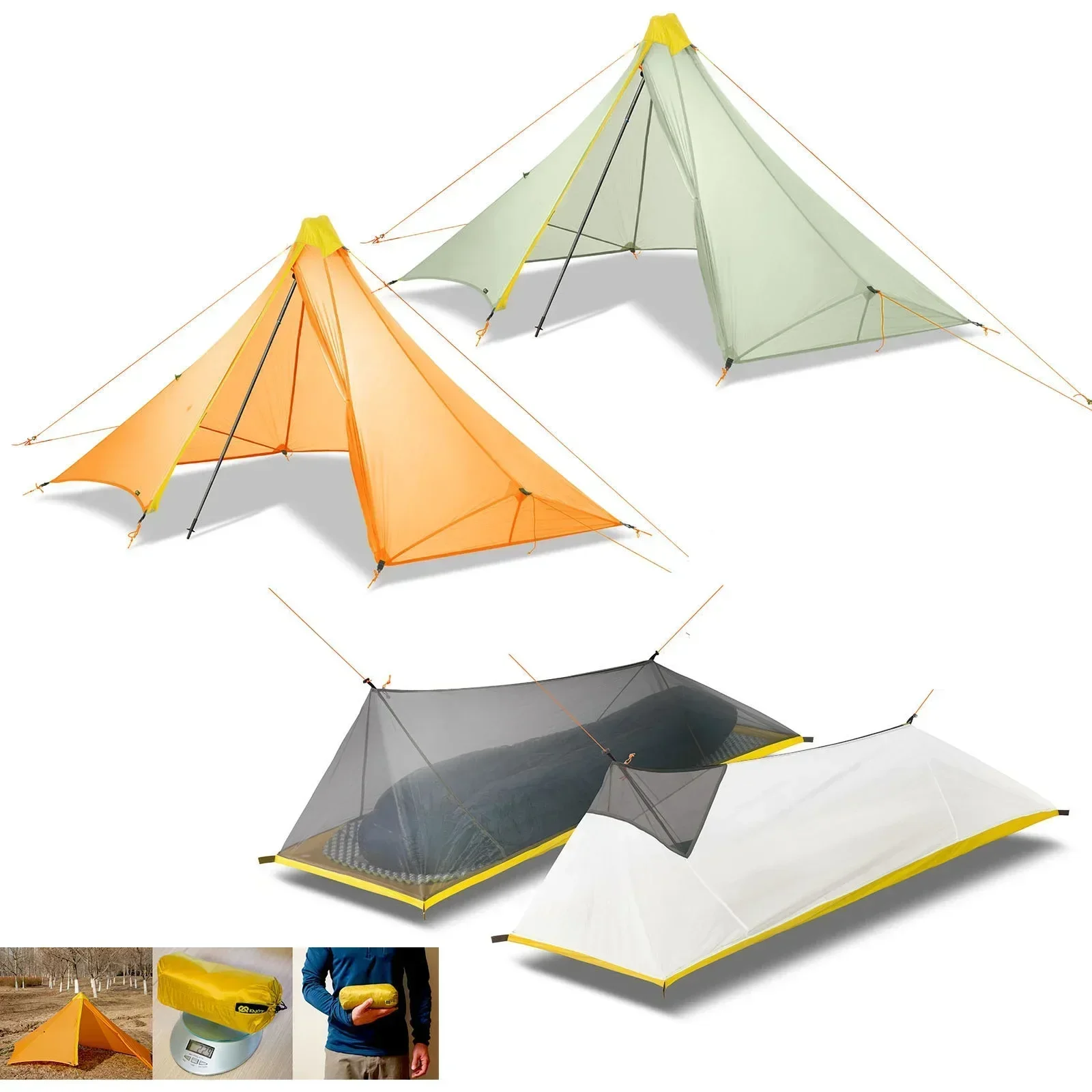 1 persona, 4 estaciones, ultraligero, nailon 20D, pirámide sin vástago recubierta de silicona de ambos lados, hoja plana de 410g o tienda interior de malla de verano de 230-260g