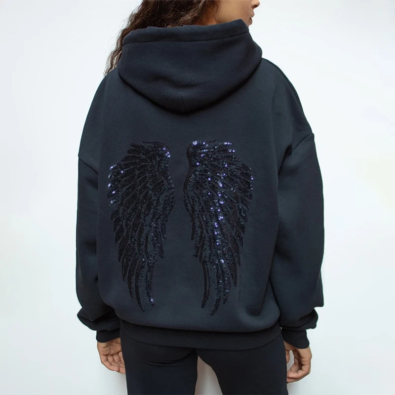 Sudadera con capucha de lentejuelas y alas Retro Y2K, sudadera con adorno de alas de Ángel, ropa de calle informal para mujer, Jersey de ajuste relajado, abrigo