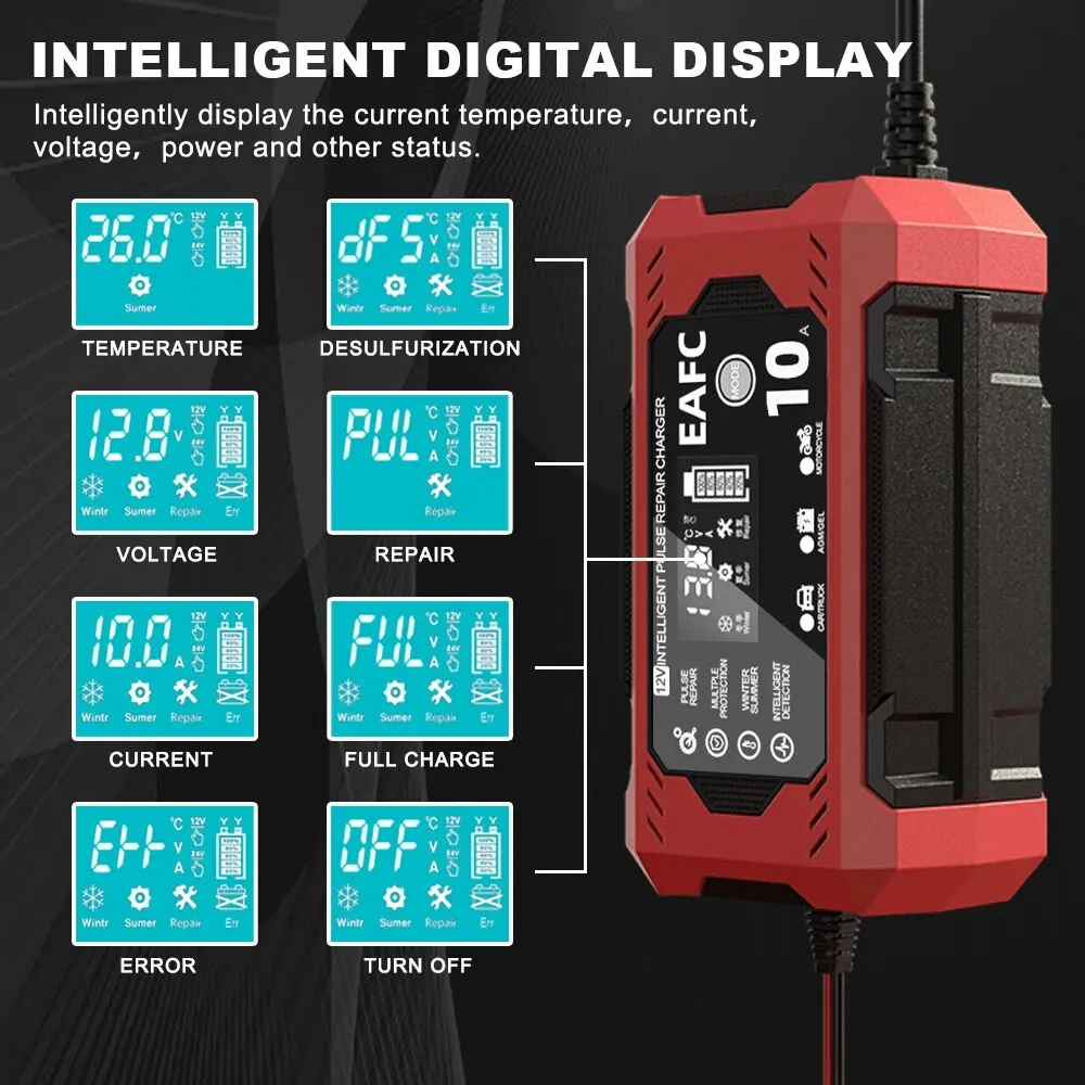 Cargador de batería de coche 12V 8A 10A pantalla táctil reparación de pulso pantalla LCD Digital cargador rápido inteligente para coche motocicleta