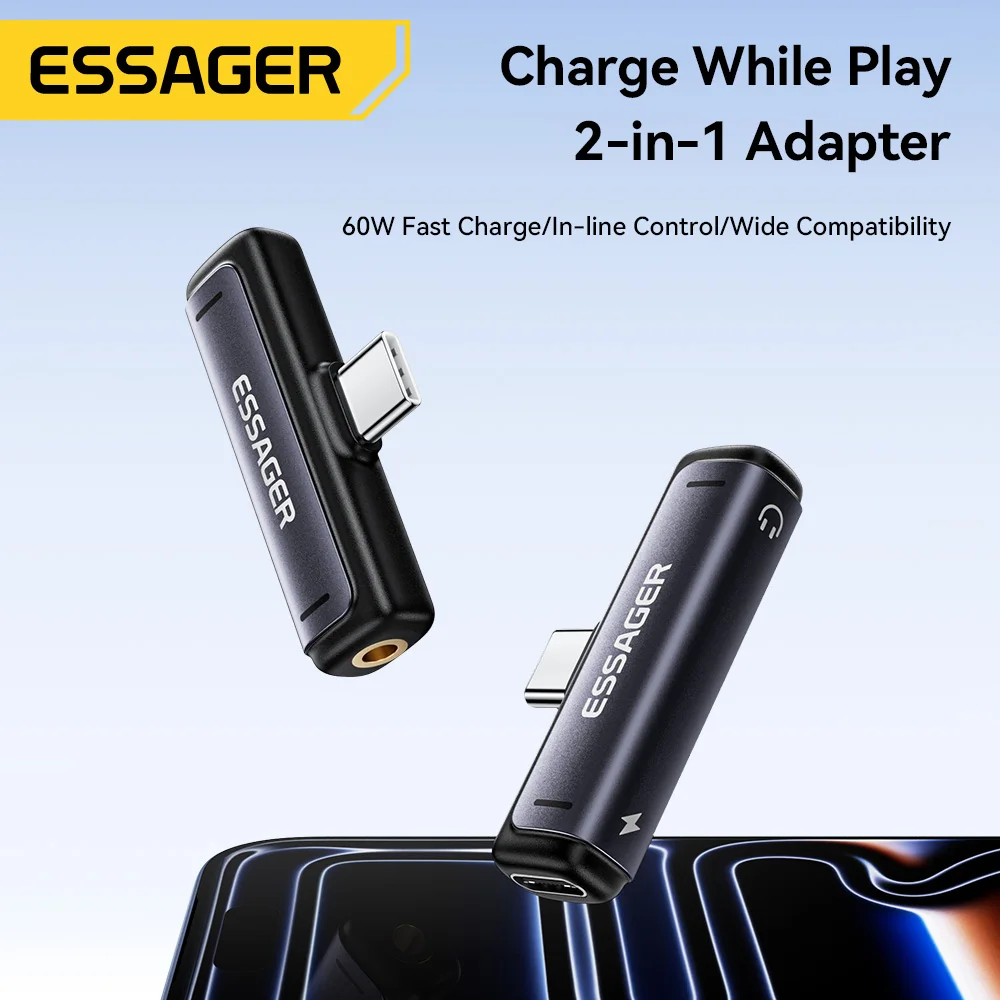 Adaptador de Audio y Carga 2 en 1 Essager, USB Tipo C a Conector de Audio de 3.5mm, Convertidor Auxiliar de Audio, Carga de 60W para MacBook, iPhone, Xiaomi