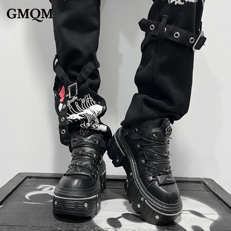 GMQM 2025, botines de plataforma plana para mujer, estilo Rock Punk, zapatillas de deporte negras de tacón alto, botines de suela gruesa con punta redonda, decoración de Metal Y2k