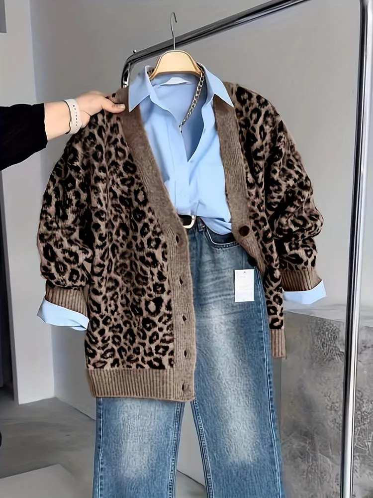 Suéter Cárdigan Casual para Mujer con Cuello en V, Estampado de Leopardo, Manga Larga y Botones, Moderno y Versátil, Rejuvenecedor y Retro