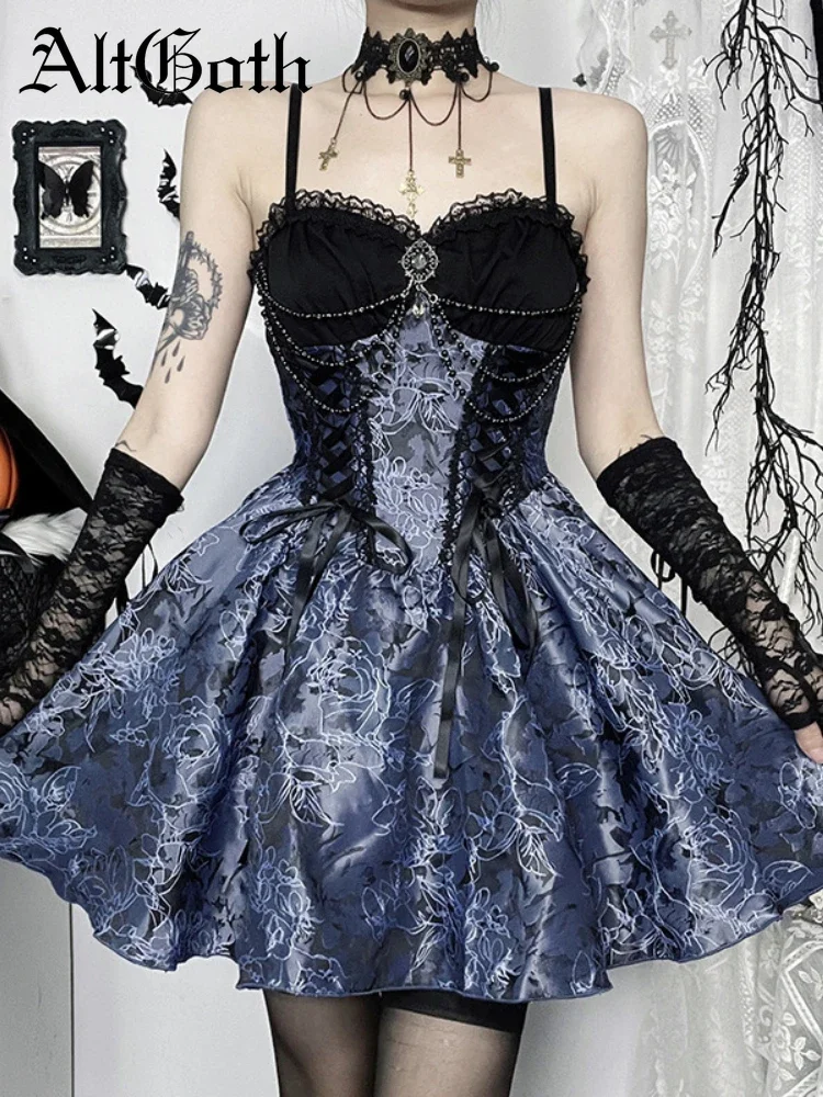 AltGoth-vestido gótico oscuro de Lolita para mujer, ropa de calle Harajuku, Hada estética Grunge, encaje de retales, vendaje, corsé, ropa de fiesta