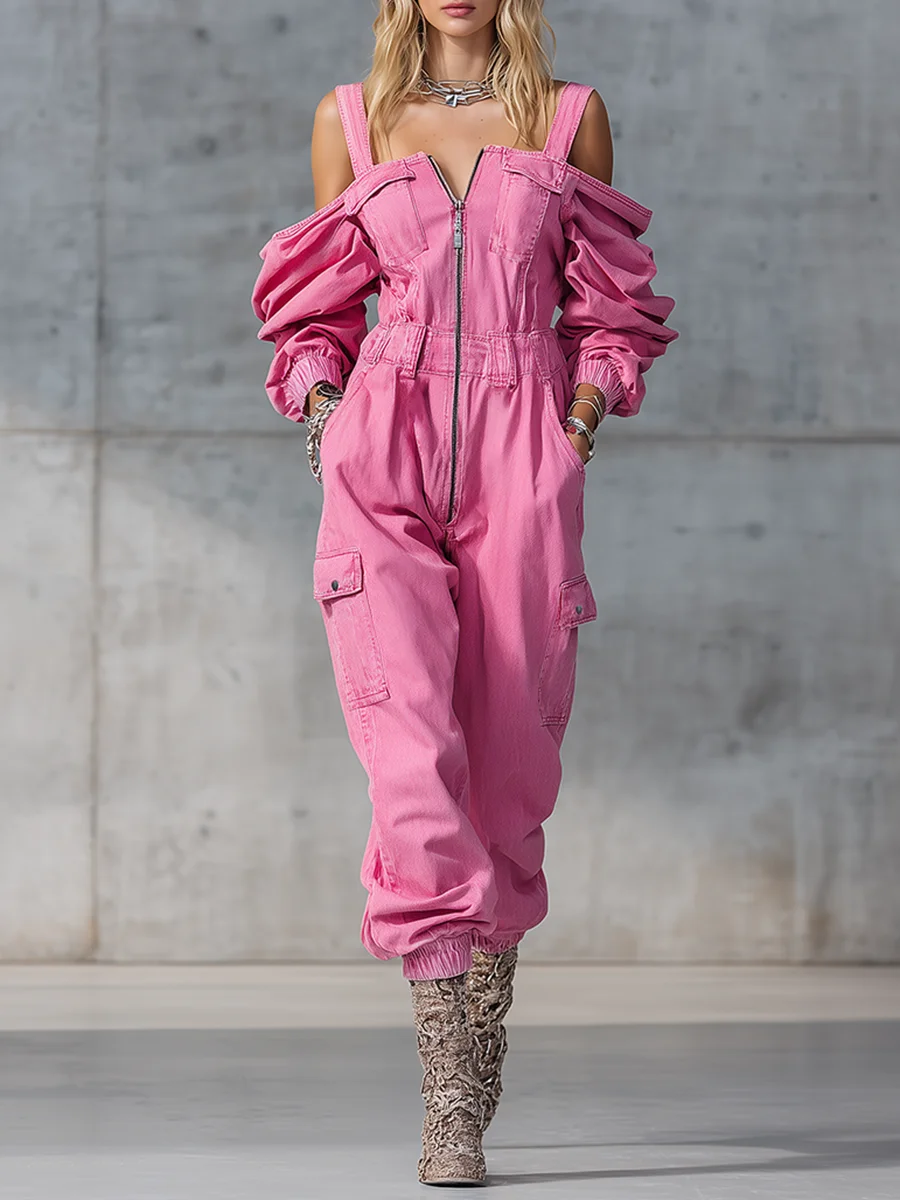 Mono Vaquero Vintage Primavera 2026 para Mujer, con Cierre, Hombros Descubiertos, Cintura Alta, Pantalones Cargo Holgados, Mono de Manga Larga