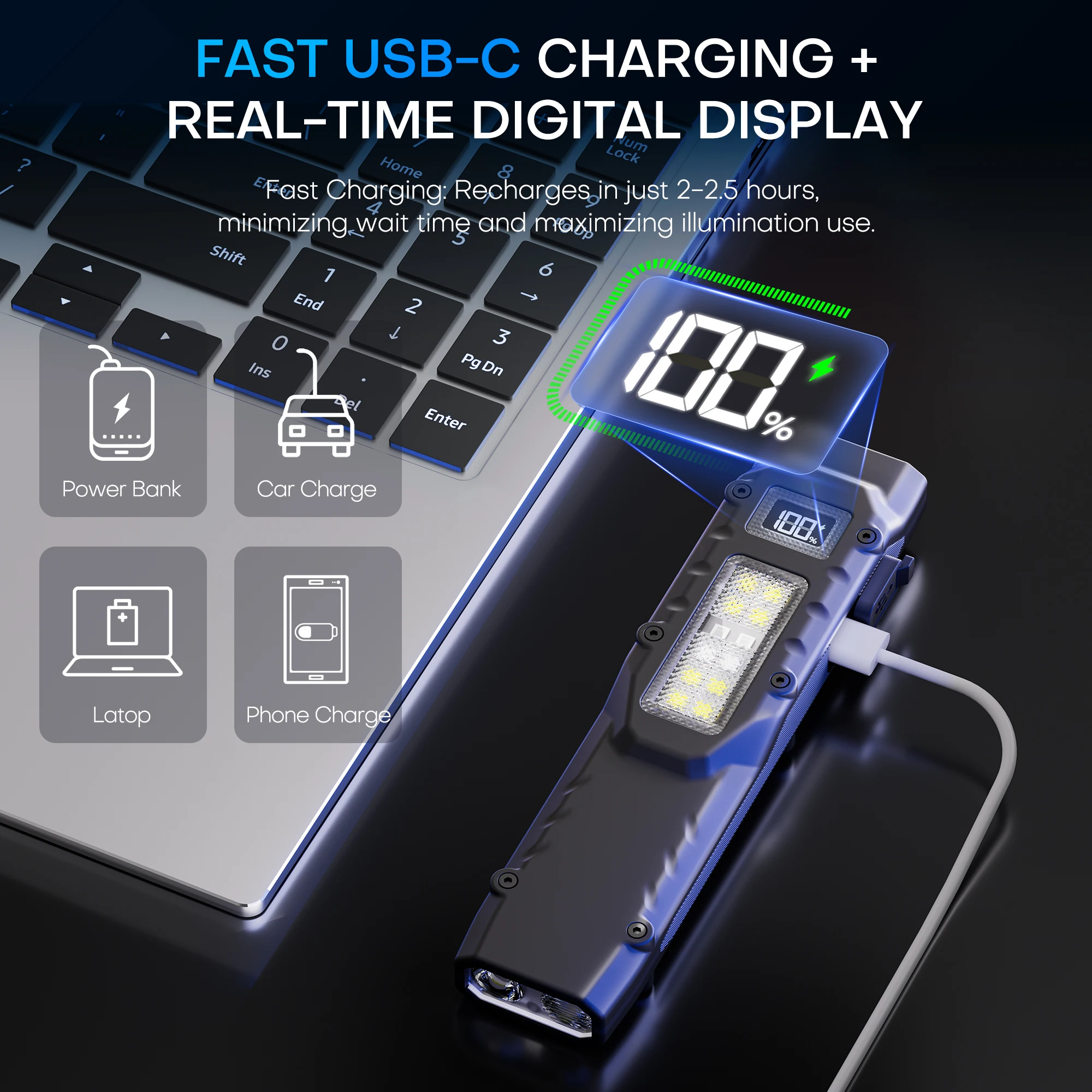Linterna táctica recargable EDC, linterna LED de doble interruptor con pantalla Digital, 8 modos, Camping y uso de emergencia