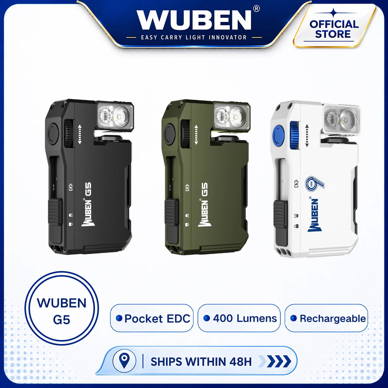Linterna EDC Recargable WUBEN G5, 400 Lúmenes, Mini Linterna con Doble Fuente de Luz y Luz RGB, Linterna de Bolsillo Portátil