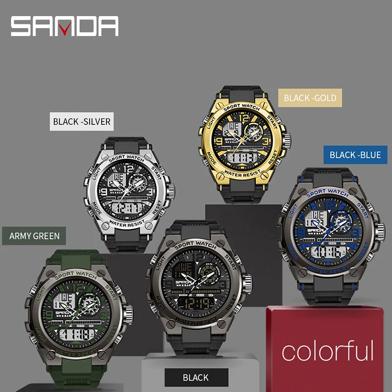 Relojes deportivos de cuarzo SANDA para hombre, relojes de pulsera digitales electrónicos LED con pantalla Dual, reloj militar resistente al agua, relojes masculinos