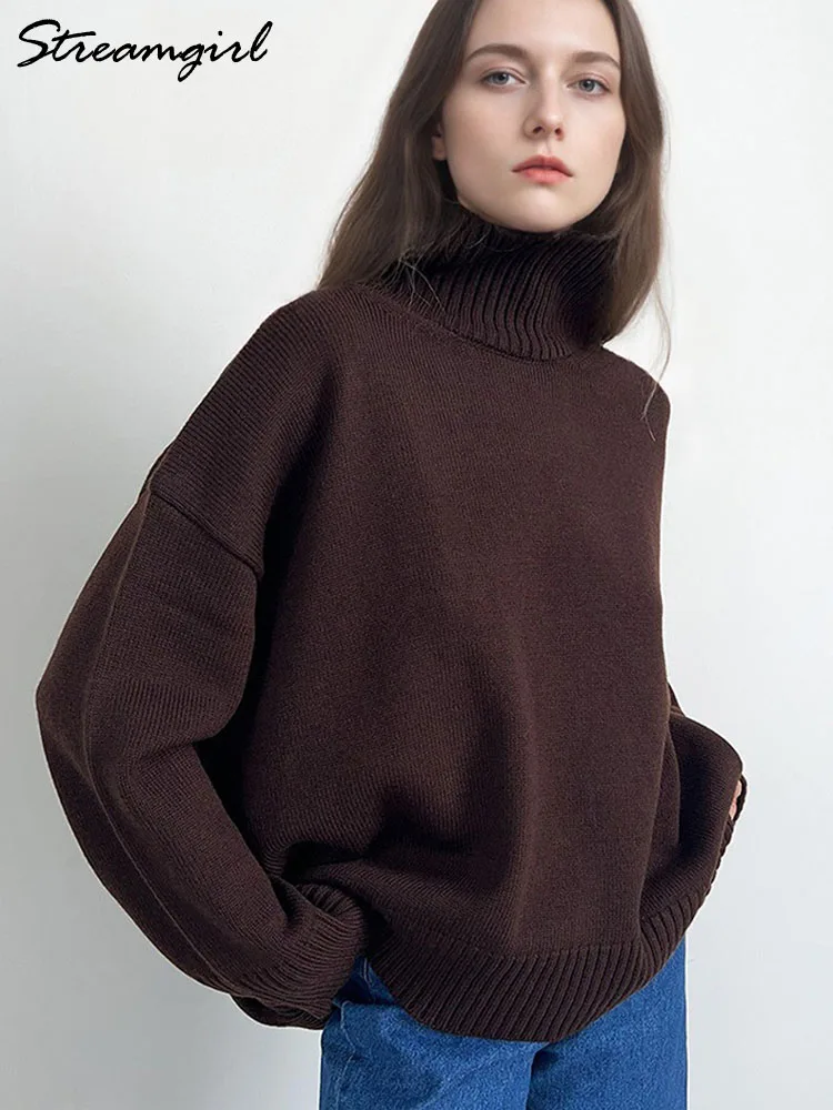 Suéter marrón de cuello alto para mujer, jerséis de otoño de gran tamaño, suéteres amarillos mantequilla, suéter holgado de punto con cuello de tortuga grueso para mujer