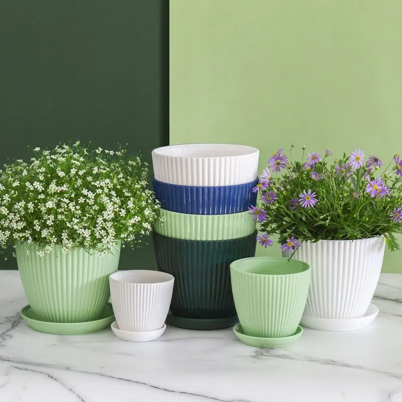 Maceta redonda para flores, maceta para plantas suculentas con bandeja, escritorio de oficina, balcón, decoración del jardín del hogar, maceta para exteriores, 5 tamaños