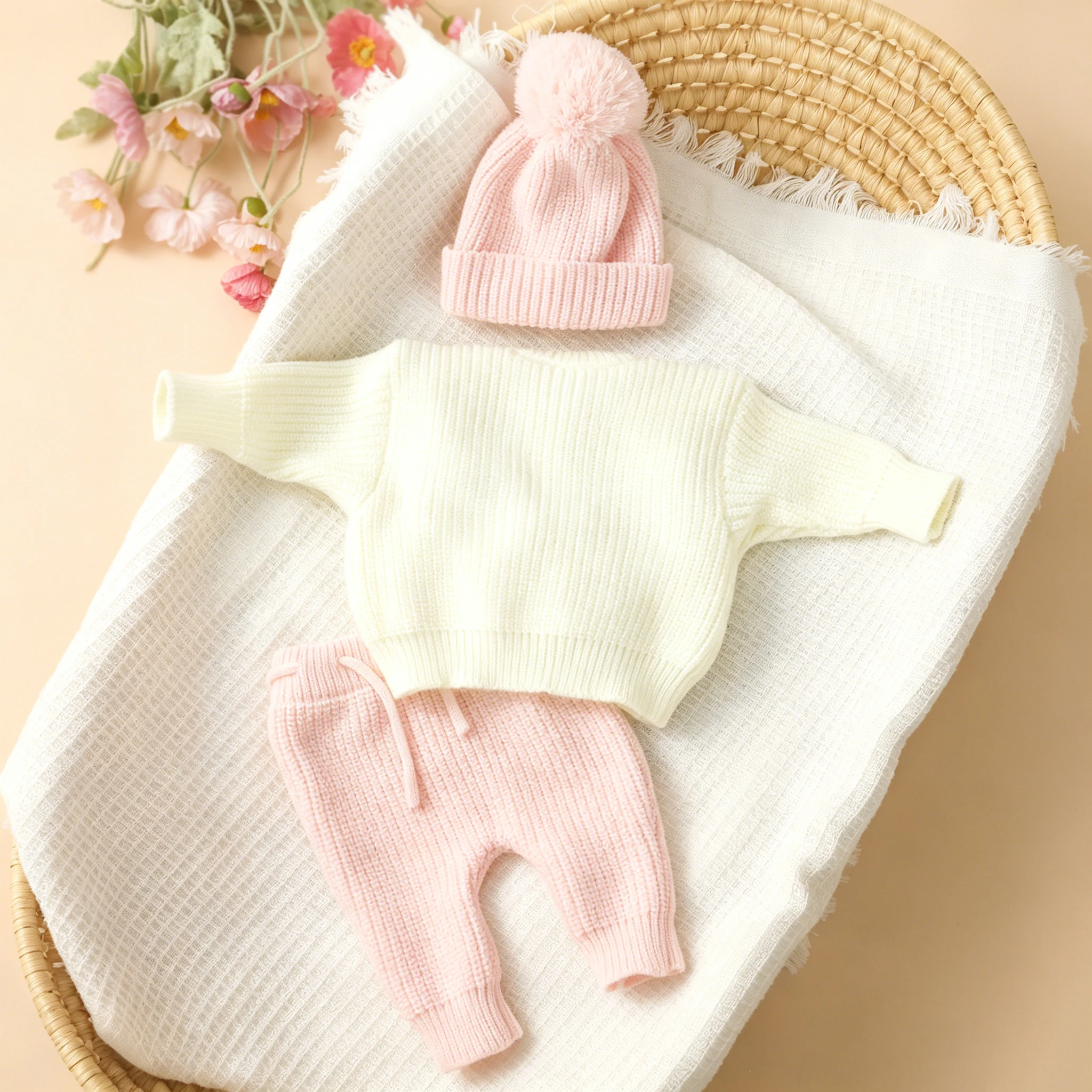 Ylsteed - Conjunto de 3 Piezas de Ropa de Punto para Fotografía de Recién Nacidos, Bordado 'Just Arrived', Color Caqui, Suéter para Bebé, Regalo para Baby Shower