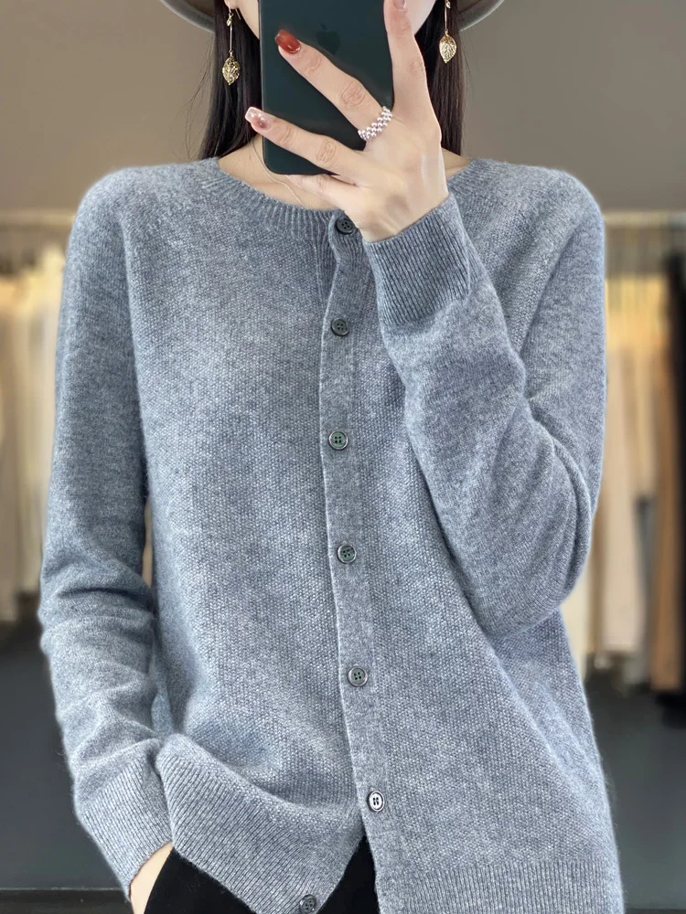 Cárdigans de lana merina de 100% para mujer, prendas de punto de manga larga con cuello redondo para otoño e invierno, ropa básica para mujer, Tops
