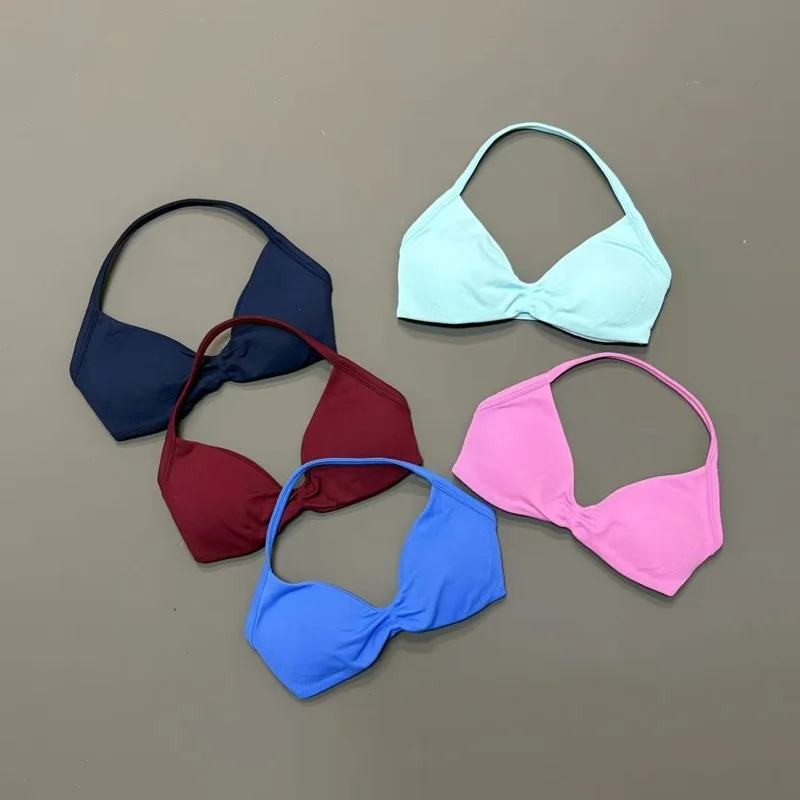 Sujetador deportivo halter para mujer con cuello en V, acolchado, para yoga, con copas extraíbles, suave como la mantequilla, sin costuras, para entrenamiento, gimnasio, fitness, top de ropa deportiva.