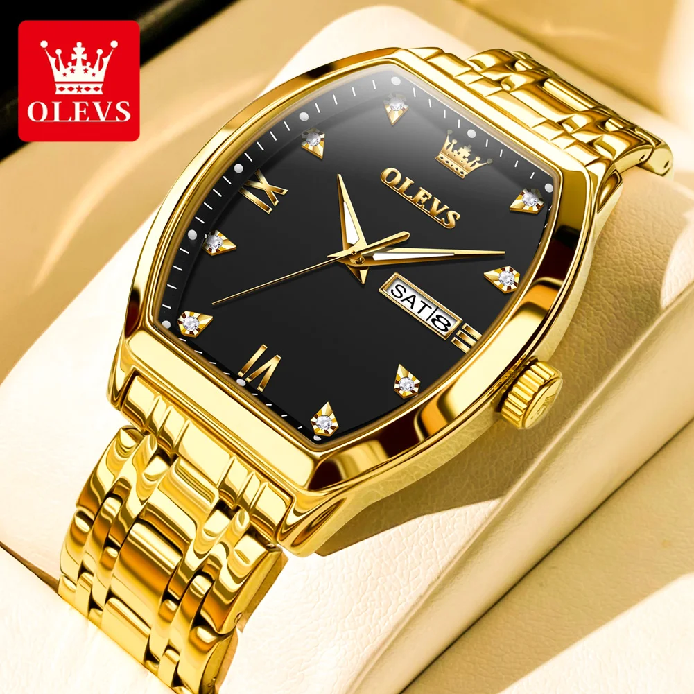 Relojes OLEVS para hombre, reloj de cuarzo Original Tonneau de lujo de la mejor marca para hombre, reloj de pulsera luminoso resistente al agua con fecha semanal para hombre