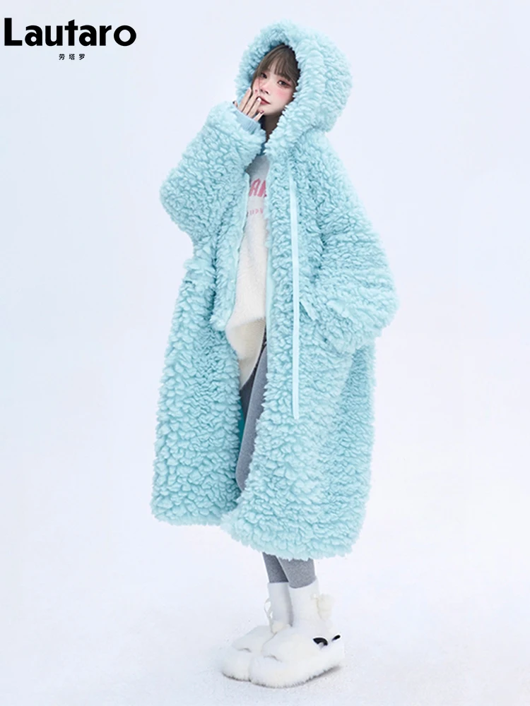 Lautaro invierno largo de gran tamaño Casual grueso cálido azul grueso cálido peludo abrigo de piel sintética mujeres con capucha cremallera moda 2023