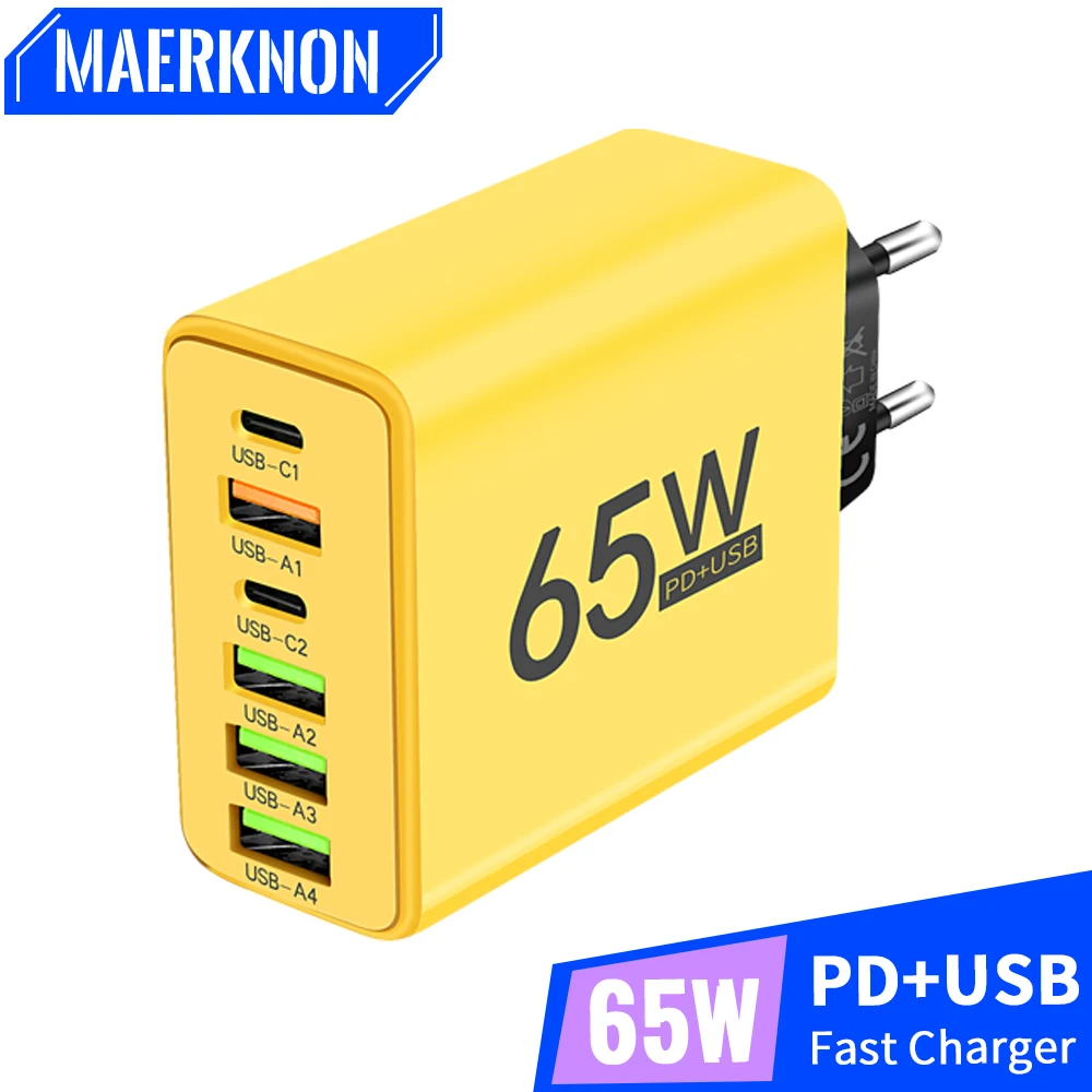 Cargador USB PD 65W, cargador rápido de 6 puertos tipo C, cargador de teléfono móvil para Iphone 16 15 Pro Max Xiaomi Huawei Samsung, cargador rápido