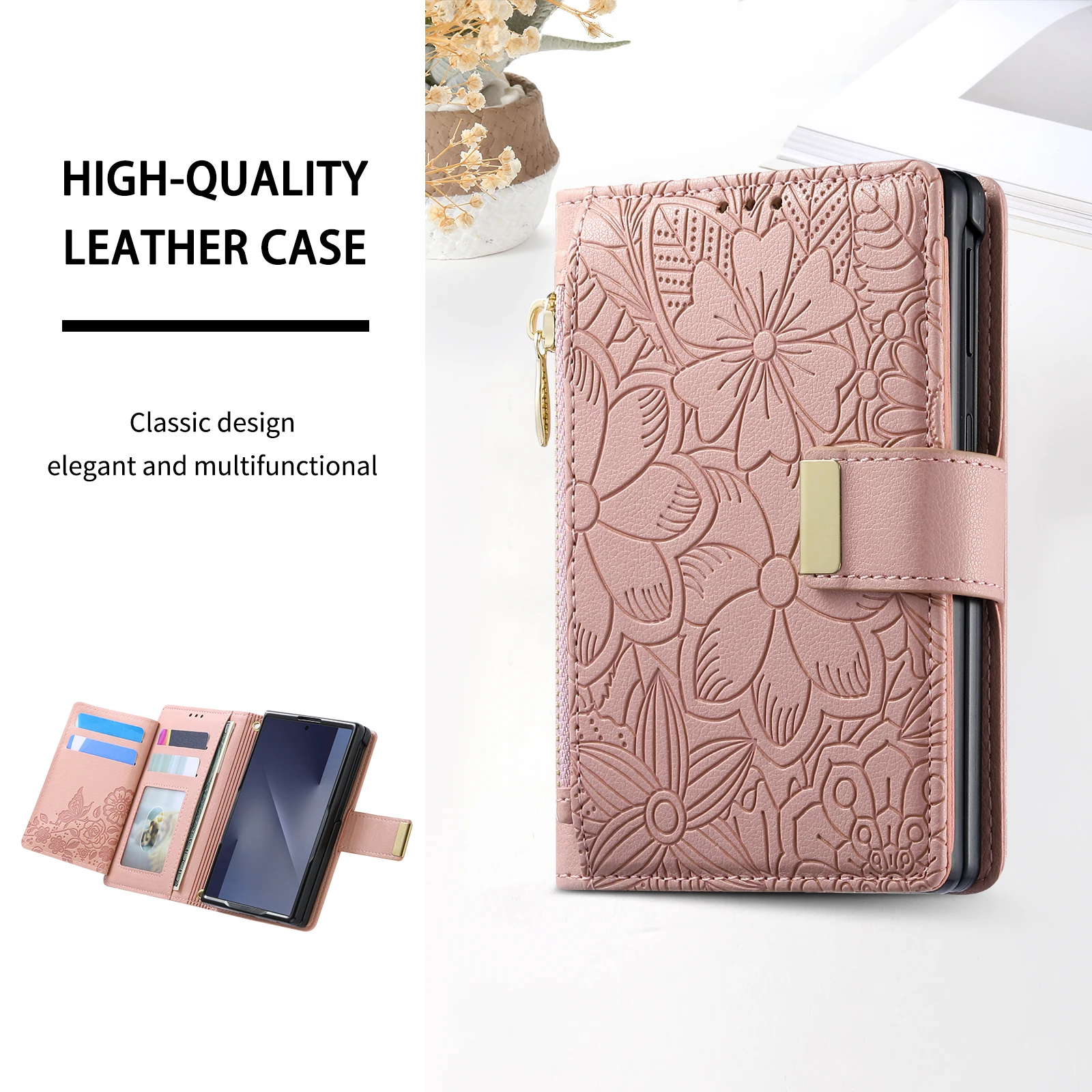 Funda de cuero con cremallera y ranuras para tarjetas, diseño moderno en relieve, para Samsung Z Fold 8, a prueba de golpes, con función de soporte, delgada y ajustada.