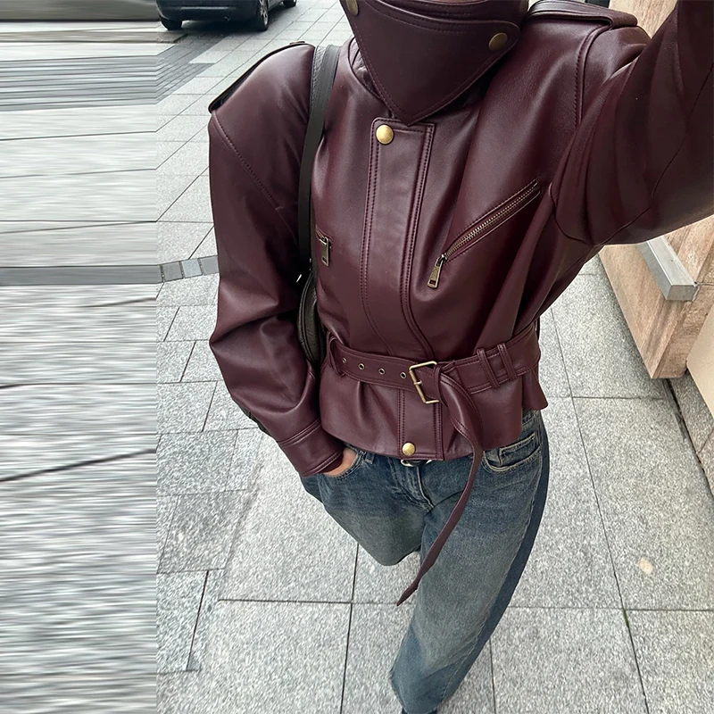 Chaqueta de cuero Vintage para mujer, abrigo corto con bolsillo y cuello levantado, prendas de vestir con cremallera en la cintura Retro, nuevas chaquetas de Otoño Invierno 2025