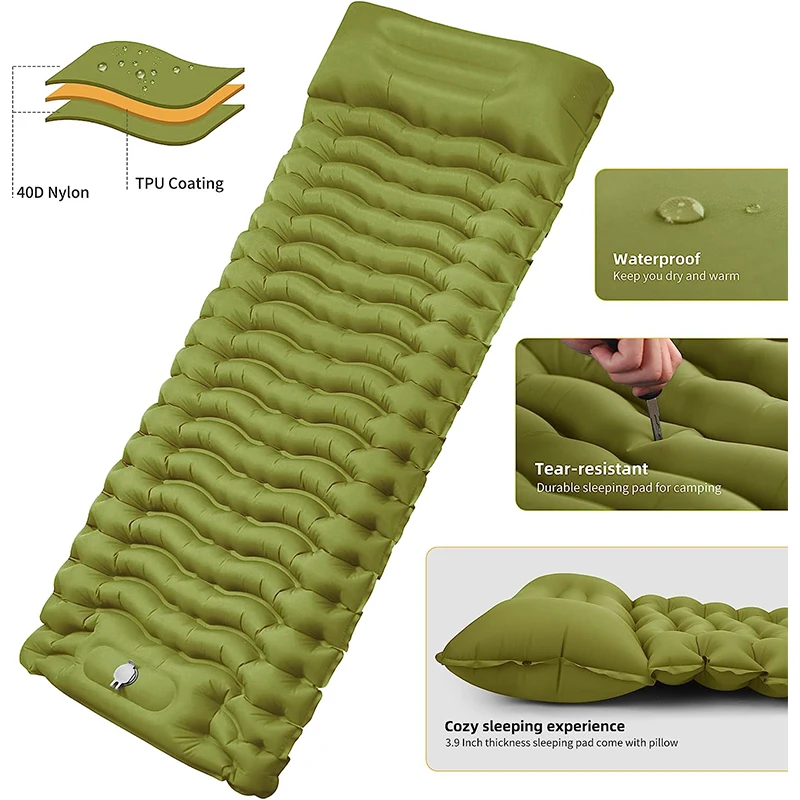WESTTUNE-colchón inflable para acampar al aire libre, almohadilla para dormir gruesa con almohada integrada y estera de aire con bomba para viajes, senderismo y escalada