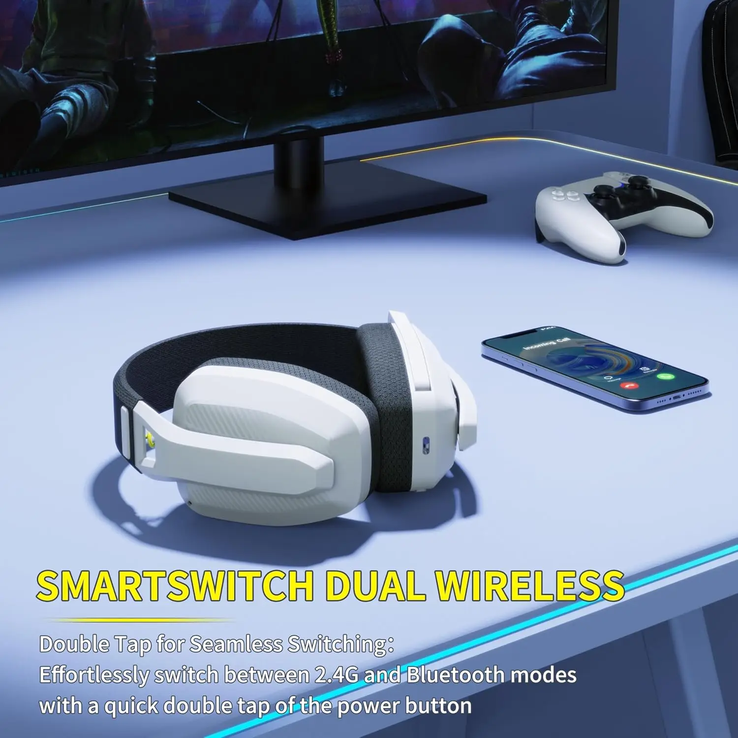 BINNUNE BW06 Auriculares inalámbricos para juegos de 2,4 GHz con micrófono para PS5, PS4, PC, Mac, Playstation, auriculares Bluetooth para juegos con micrófono
