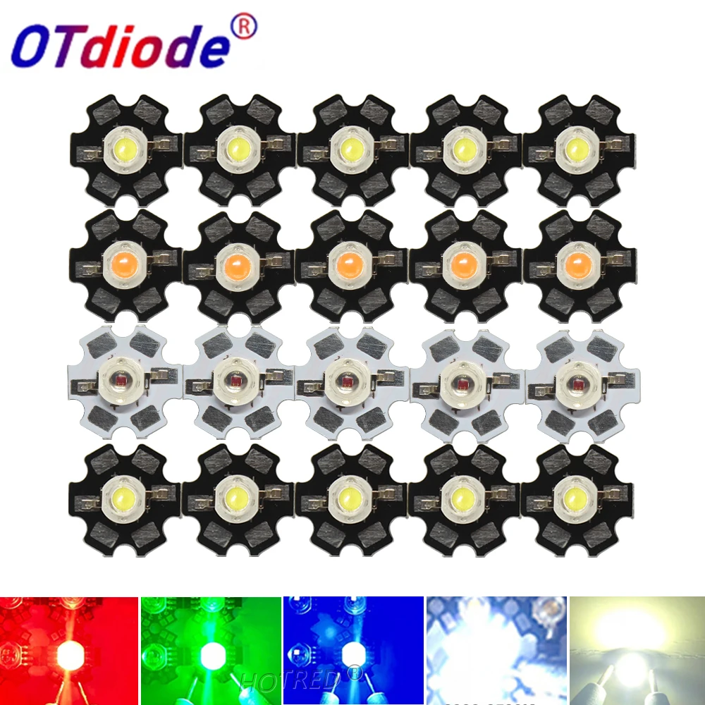 Diodos LED de alta potencia, 10-100 Uds., 1W, 3W, blanco Natural frío cálido/rojo/verde/azul/azul real, 450 660nm, UV rojo profundo con PCB de estrella de 20mm
