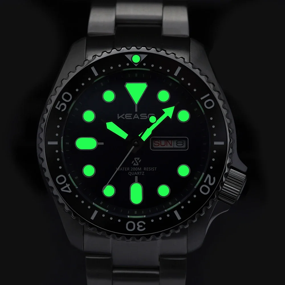 Reloj de Buceo para Hombre KEASO, Movimiento de Cuarzo MIYOTA 2035, C3 Super Luminoso, Deportivo, Acero Sólido 316L, Resistente al Agua 200M, Cristal de Zafiro