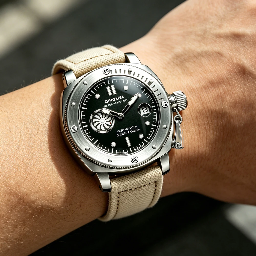 Reloj de cuarzo QINGXIYA, nuevo diseño de segunda esfera, correa de lona de alta calidad, resistente al agua, calendario, relojes deportivos para hombre