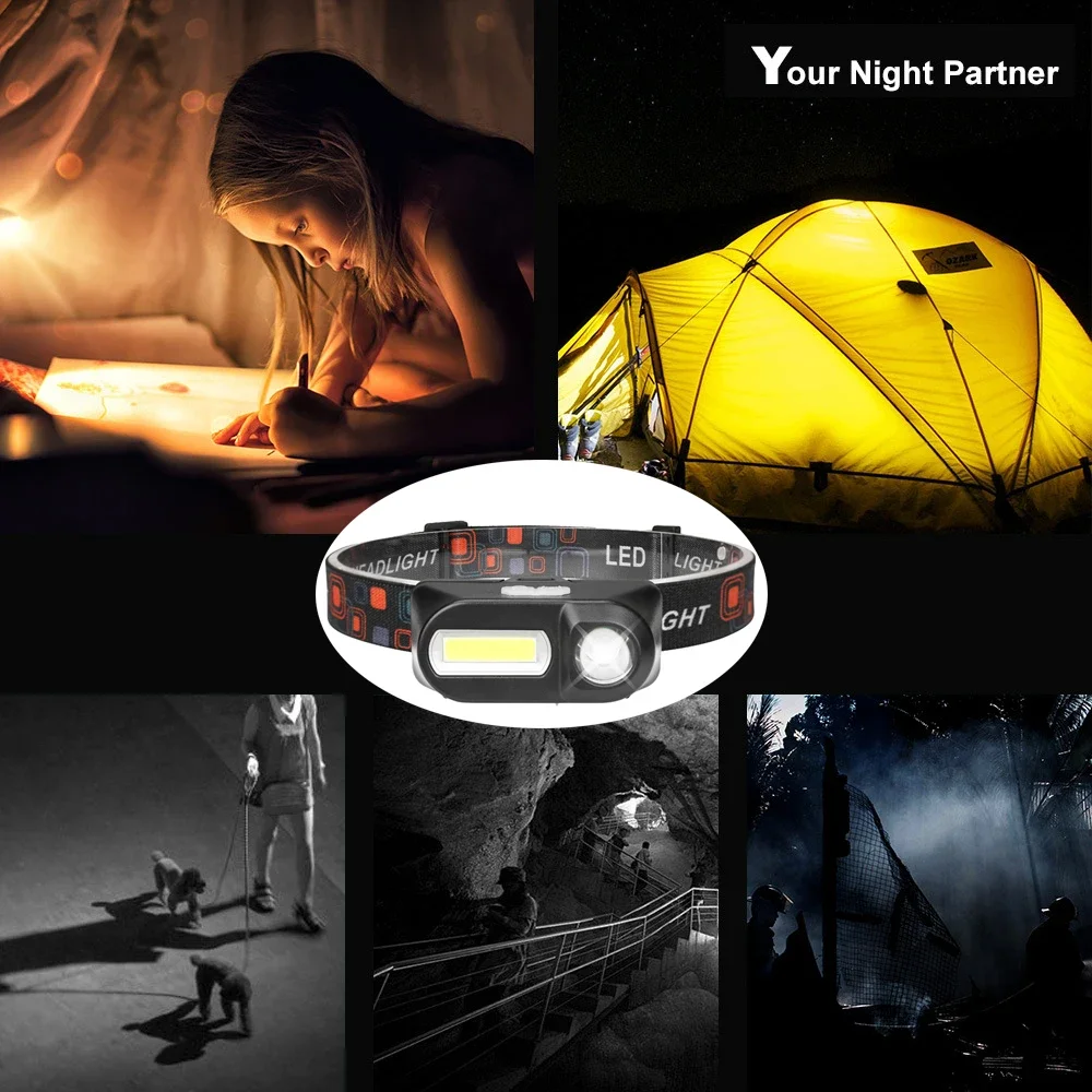 Linterna frontal LED de pesca, luz de Camping portátil Mini XPE COB, lámpara de cabeza USB, linterna de pesca, uso de antorcha 18650