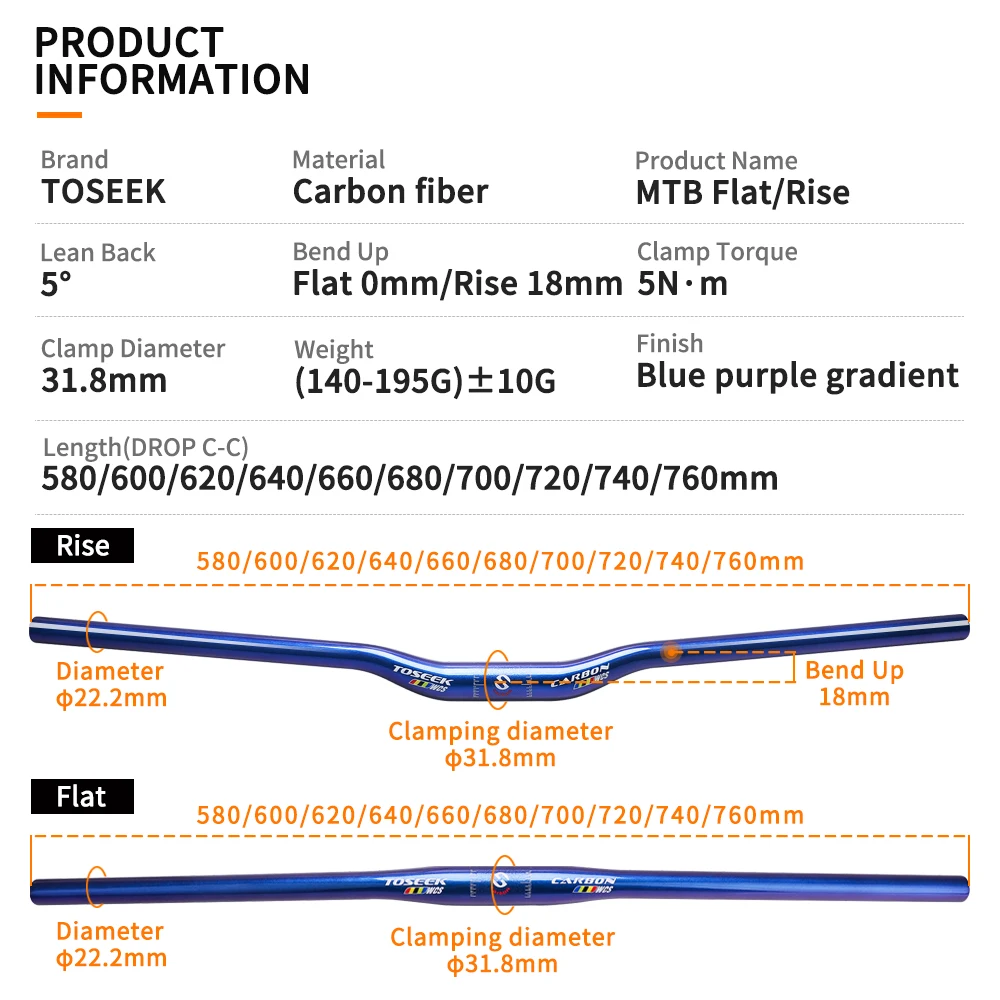 TOSEEK-Manillar de carbono WCS para bicicleta de montaña, 31,8x580-760mm, deslumbrante, azul a morado