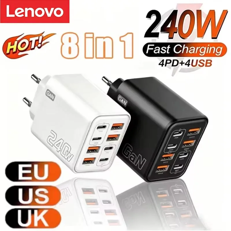 Cargador Multi-Puerto Lenovo 2026 de 240W, Carga Súper Rápida para Smartphone, 4 Puertos USB y 4 Tipo-C, Adaptador para UE, EE. UU. y Reino Unido