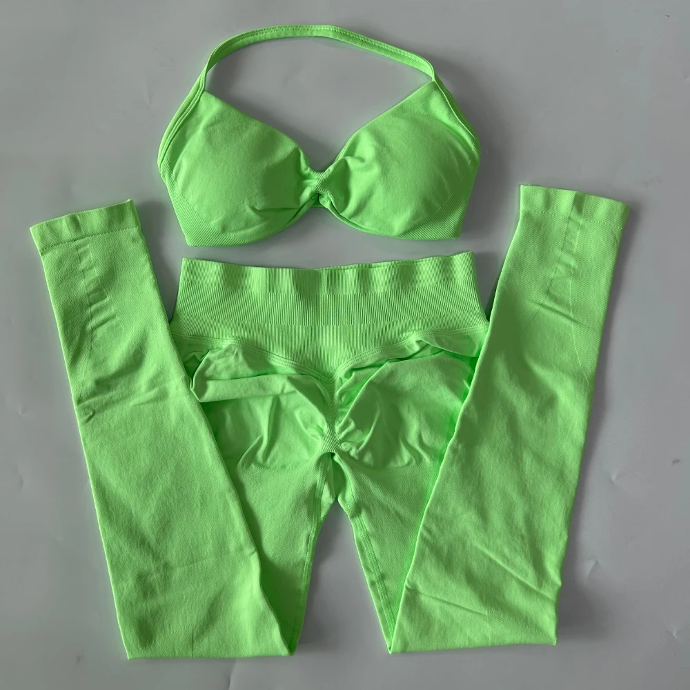 Conjunto de 2 piezas para mujer, sujetador de Yoga con tiras, Top deportivo, mallas de entrenamiento, conjunto de gimnasio sin costuras, ropa deportiva