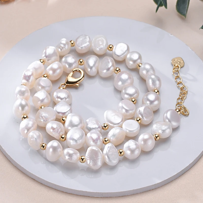 Collar de perlas naturales de agua dulce con forma barroca, cuentas pequeñas doradas, cadena de plata de ley S925, joyería de moda, regalos para mujer