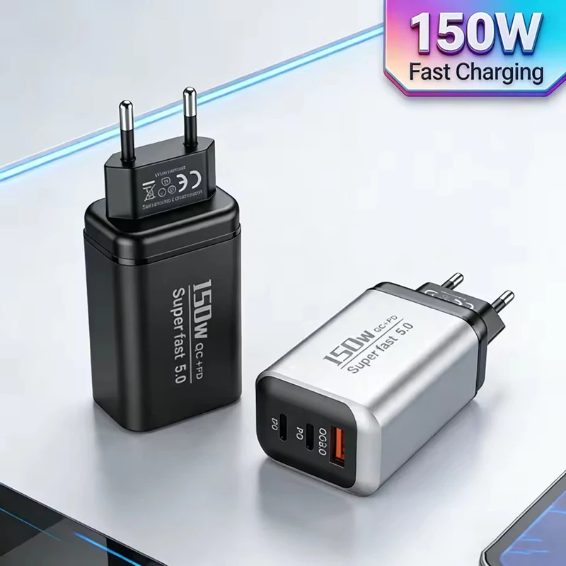 Cargador rápido Lenovo de 150 W, con 3 puertos, tecnología PD y QC3.0, adaptador de pared USB-C, cargador de viaje con múltiples enchufes para iPhone y Samsung (UE/EE. UU./Reino Unido).