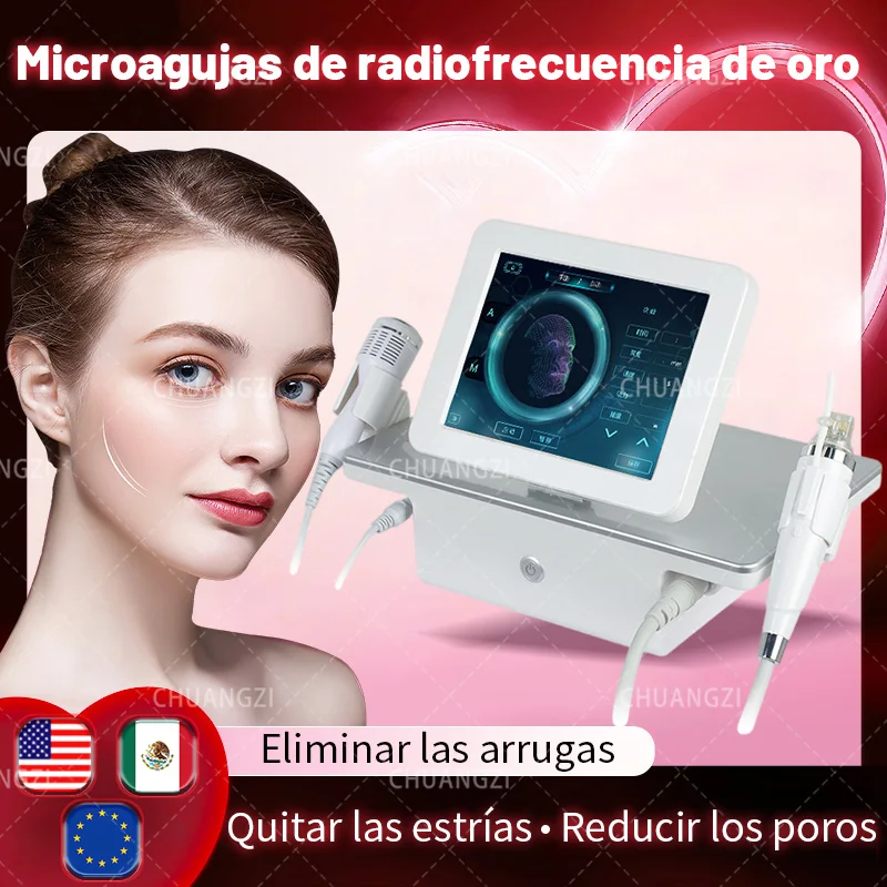 Máquina de Microagujas RF Dorada 2 en 1, Dispositivo de Microagujas de Radiofrecuencia Fraccional para Eliminación de Cicatrices de Acné, Reducción de Estrías
