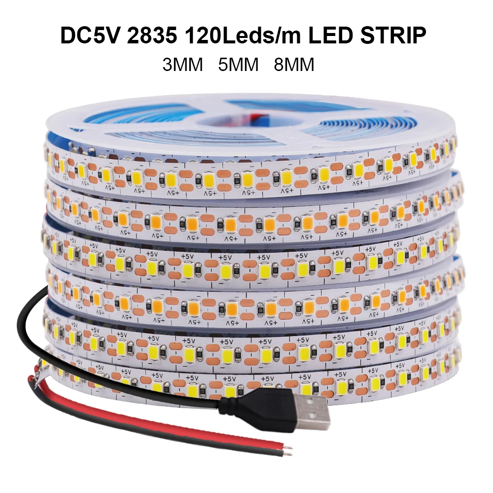 Tira de luces LED de 5V 2835, 3mm, 5mm, 8mm, ancho PCB, 120Leds/m, cinta LED Flexible, diodo, cable USB/2PIN, luces Led para decoración de habitación