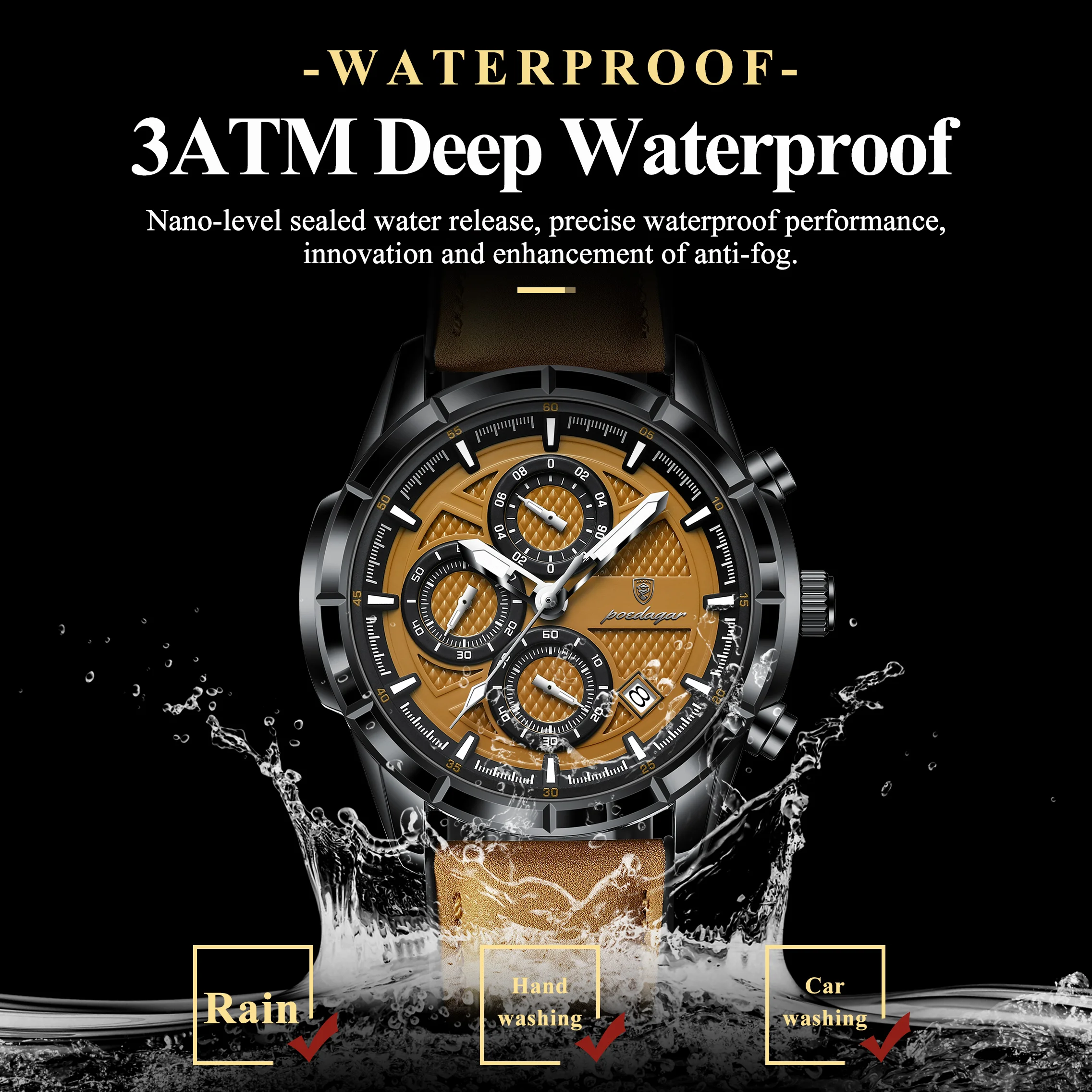 Reloj POEDAGAR Original para Hombre, Correa de Cuero, Luminoso, Resistente al Agua, Cuarzo, Fecha, Cronógrafo, Reloj de Pulsera Masculino de Moda