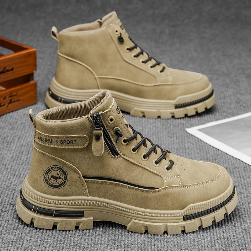 2025 A/W Nuevas botas de trabajo al aire libre de caña media alta para hombres - con cremallera, estilo de montañismo deportivo informal para senderismo