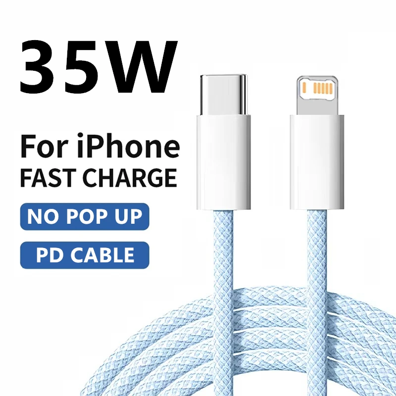 Cable PD de carga rápida trenzado de 35W para iPhone 13 14 Pro Max 11 12 mini X XR XS Max 7 8 Plus Cables de datos USB-C de carga rápida 1m 2m