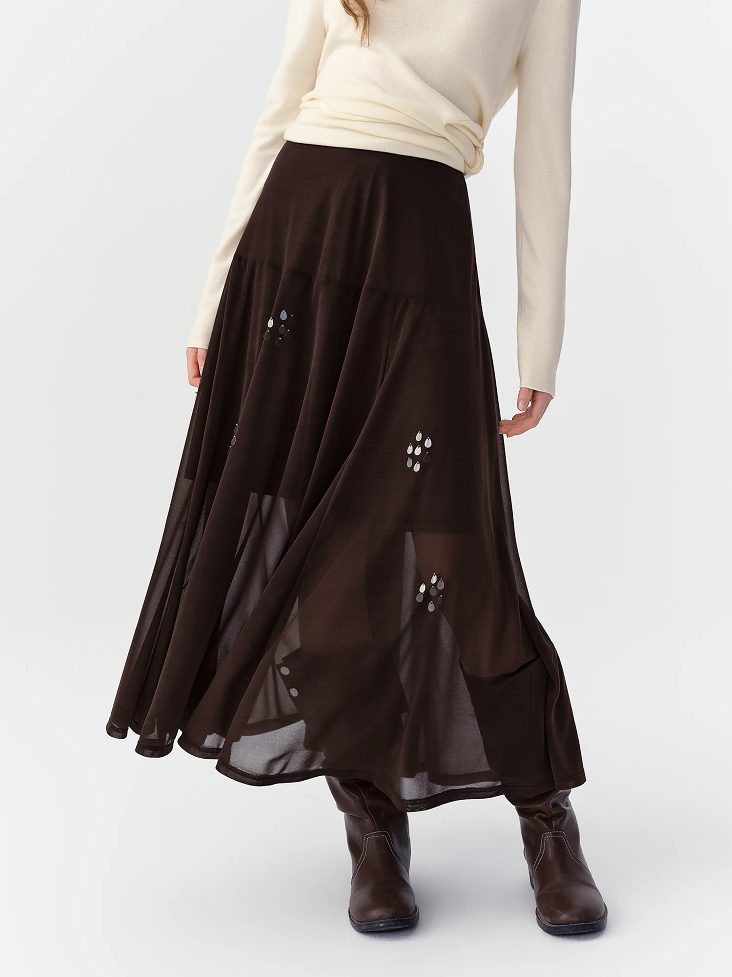 Falda Larga Fluida Color Café para Mujer DUSHU, Nueva Colección Otoño 2026, Tallas Variadas, Cintura Alta, Corte Holgado, Elegante y Casual