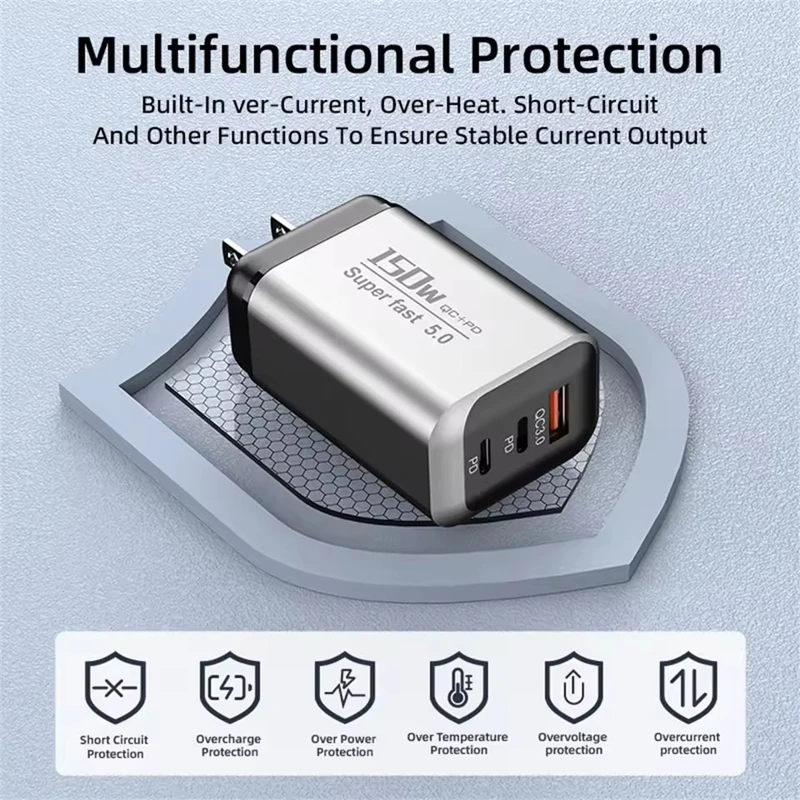 Cargador rápido Lenovo de 150 W, con 3 puertos, tecnología PD y QC3.0, adaptador de pared USB-C, cargador de viaje con múltiples enchufes para iPhone y Samsung (UE/EE. UU./Reino Unido).