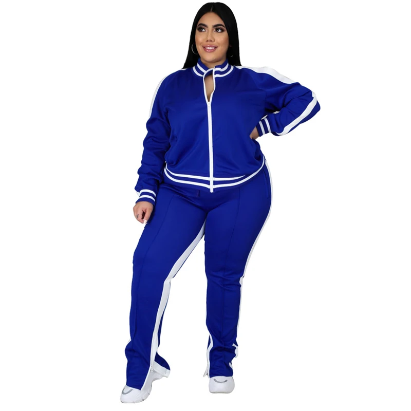 Conjunto de dos piezas de talla grande L-5XL para mujer, chándal con cremallera a rayas, pantalones de chándal con abertura, conjunto para correr, venta al por mayor, triangulación de envíos