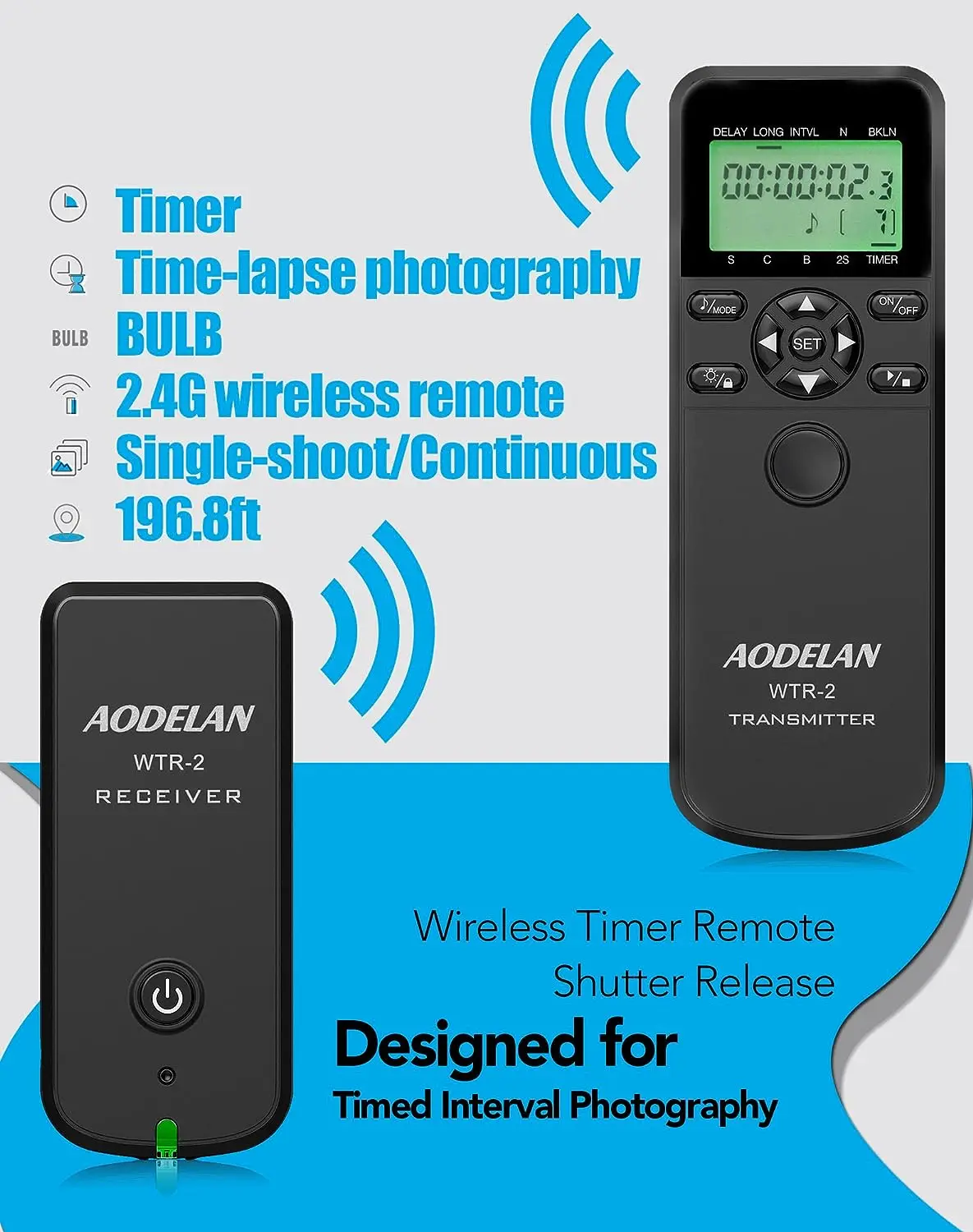 Temporizador de cámara de WTR-2 inalámbrico, disparador de obturador, intervalómetro, Control remoto para Canon, Sony, Nikon, Bombilla, disparo continuo