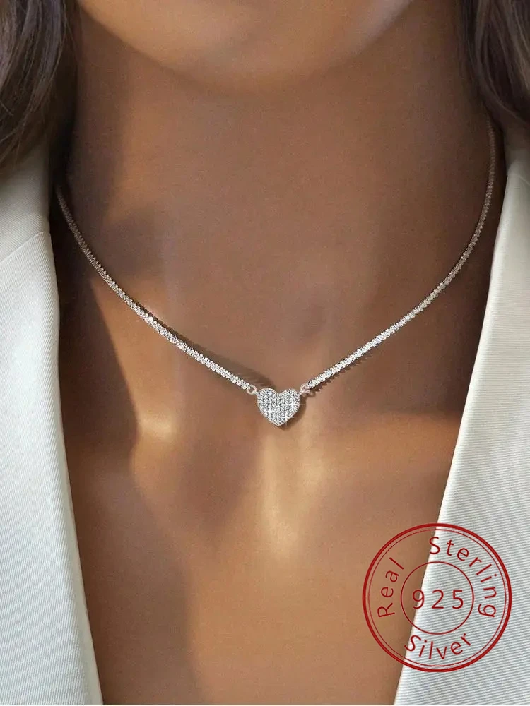 Collar de corazón de amor repleto de circonita para mujer, de Plata de Ley 925, joyería fina de lujo de alta calidad para compromiso y boda