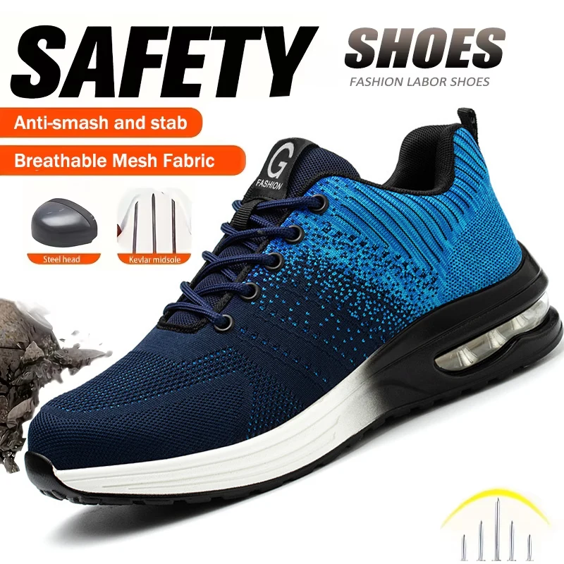 Zapatos de seguridad ligeros para hombre y mujer, zapatillas de trabajo con cojín de aire, zapatos con punta de acero, botas de seguridad para construcción, zapatos de trabajo antigolpes