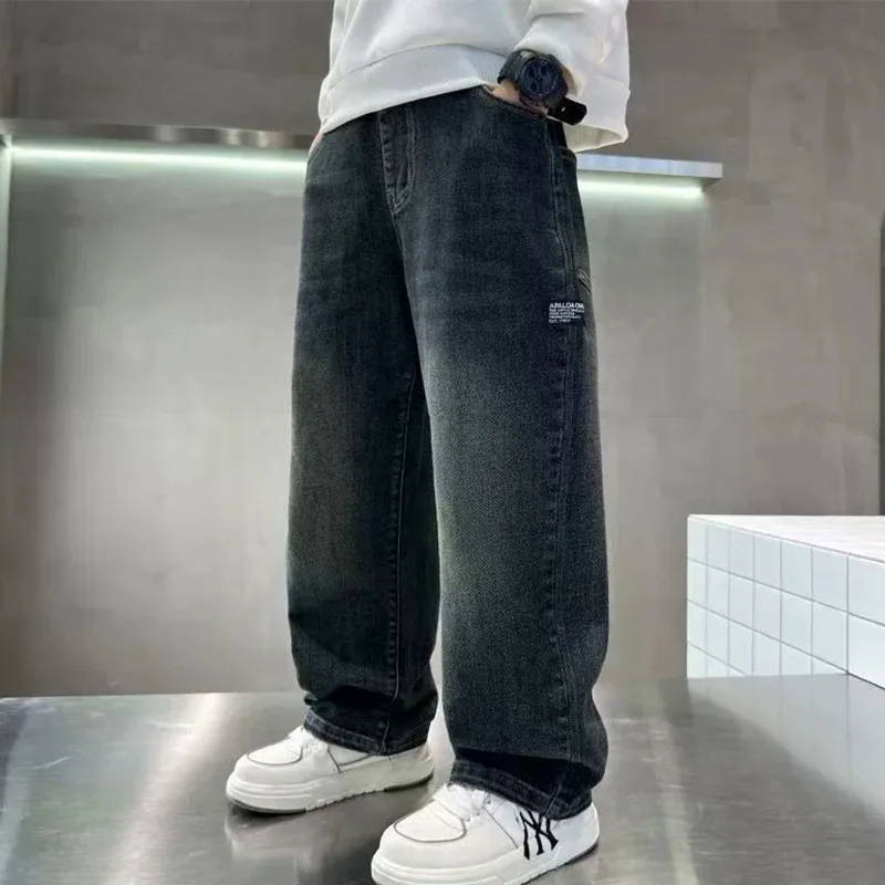 Pantalones Vaqueros de Felpa para Niños de 4 a 14 Años, Cálidos, a la Moda, con Letras, Holgados, Rectos, Informales, para Primavera, Otoño e Invierno